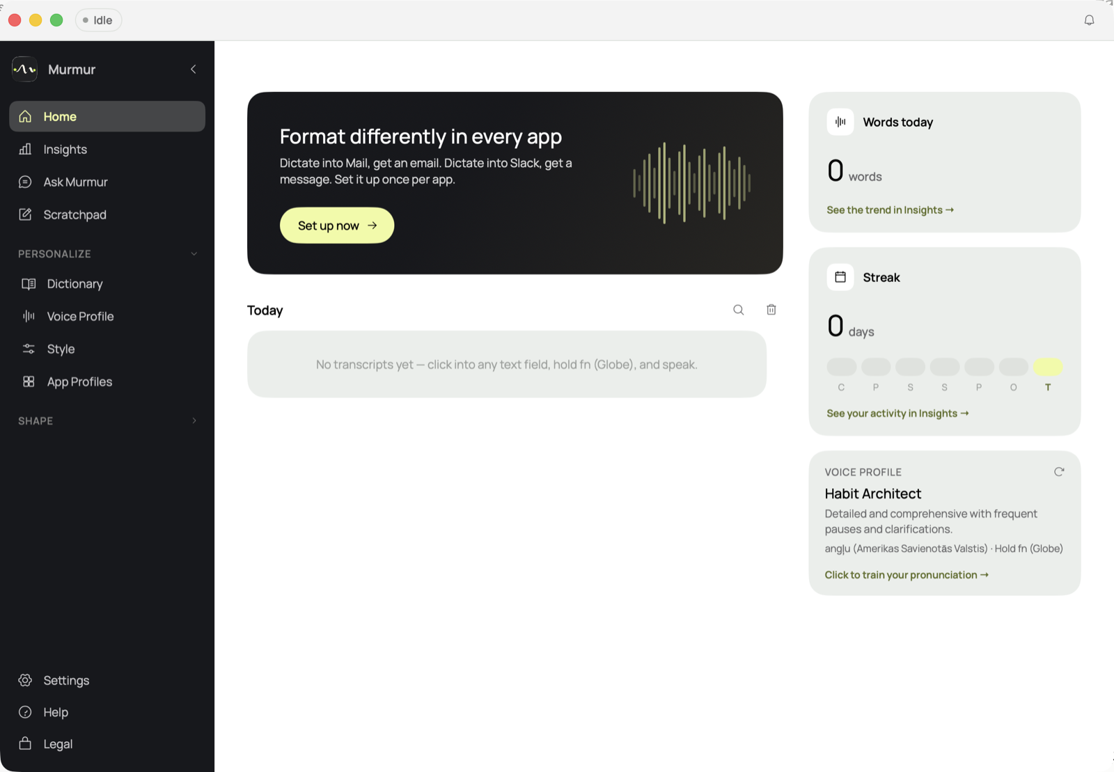 Murmur's Home screen showing today's word count, a streak tracker, and an on-device Voice Profile