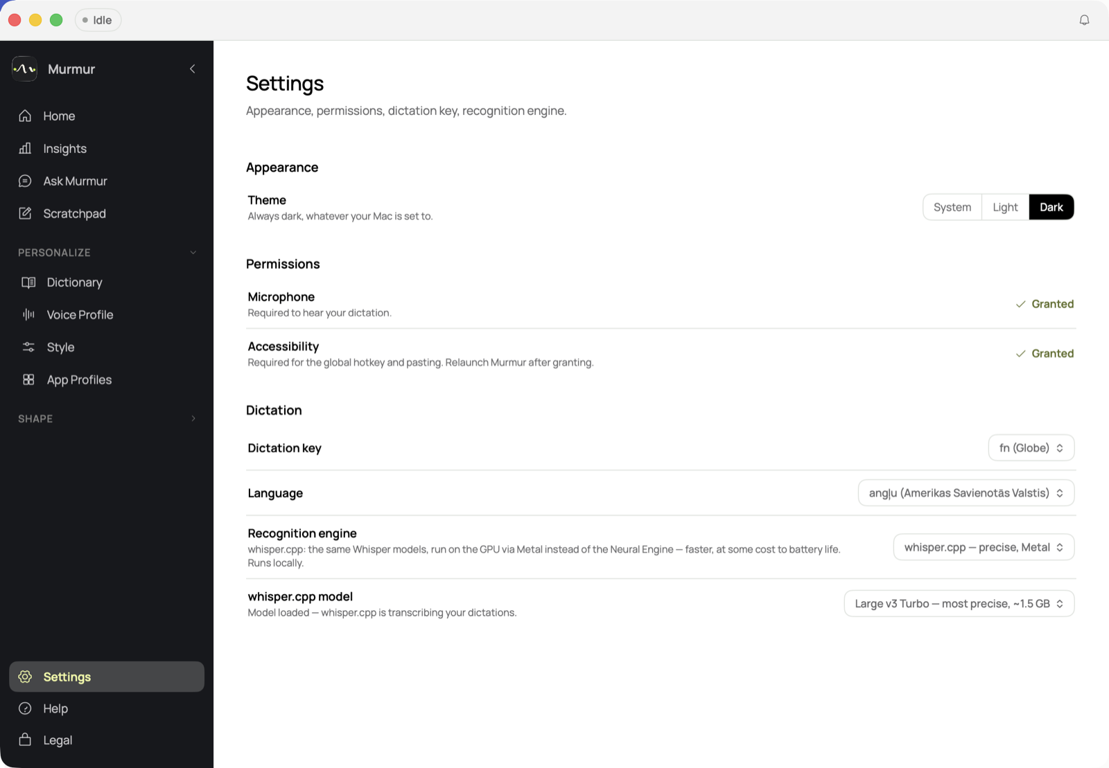 Murmur's Settings screen showing microphone and accessibility permissions granted, and the whisper.cpp local recognition engine selected